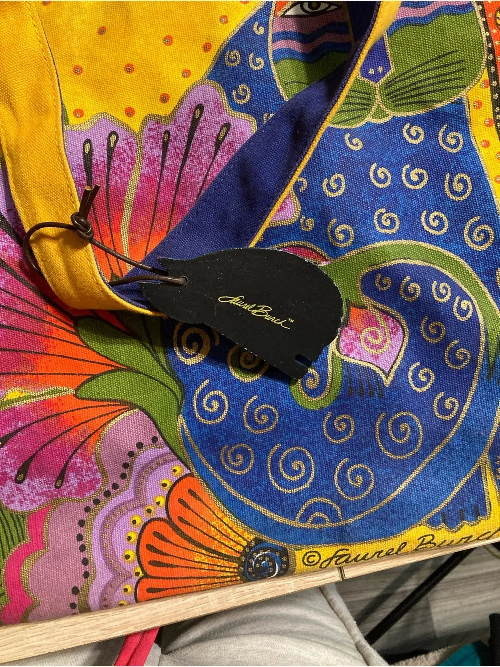 Laurel Burch Yellow & Blue Cat and Floral Tote